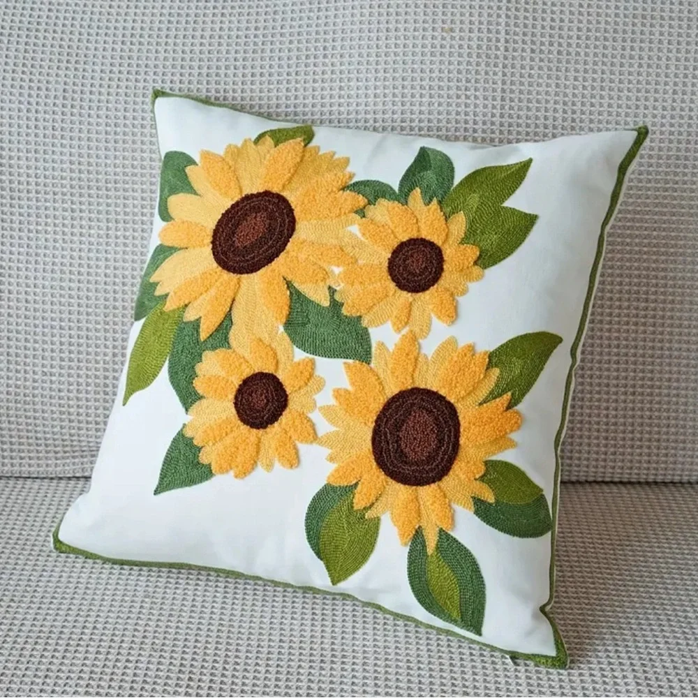 Sunflower Throw Pillow Case Cover Summer Spring Embroidered NEW Floral Cute